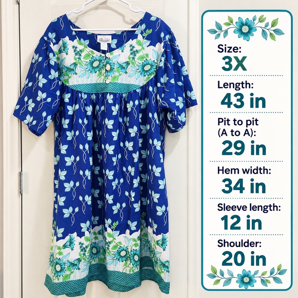 Easy Essentials Blue Floral Cotton Muumuu House Dress Pockets Plus Size 3X - Picture 8 of 8